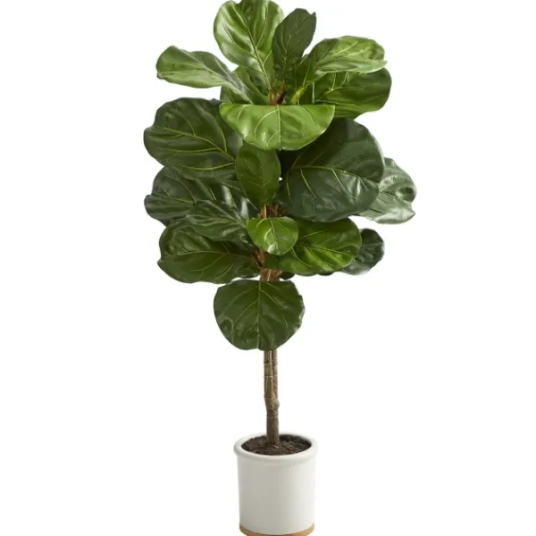 Trees & Topiaries-Kirkland's Home Fiddle Leaf Fig In White Ceramic Planter, 42 In.