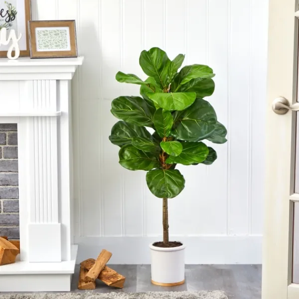 Trees & Topiaries-Kirkland's Home Fiddle Leaf Fig In White Ceramic Planter, 42 In.
