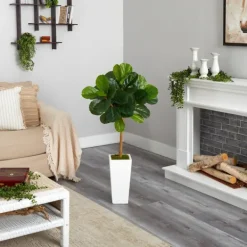 Trees & Topiaries-Kirkland's Home Fiddle Leaf Fig In White Tower Planter