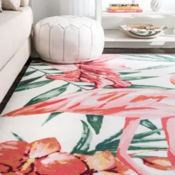 Outdoor Rugs-Kirkland's Home Flamingo Leaf Indoor/Outdoor Area Rug, 5X8 Pink/Green/White