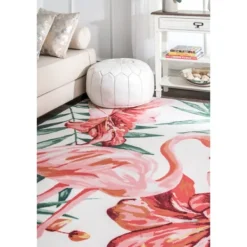 Outdoor Rugs-Kirkland's Home Flamingo Leaf Indoor/Outdoor Area Rug, 5X8 Pink/Green/White