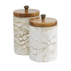 Decorative Bowls & Jars-Kirkland's Home Floral Jars With Wood Lids, Set Of 2 White