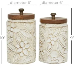 Decorative Bowls & Jars-Kirkland's Home Floral Jars With Wood Lids, Set Of 2 White
