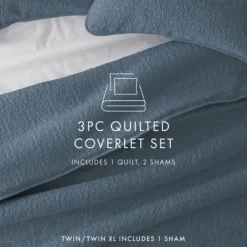Quilts-Kirkland's Home Floral Stitch 3-Pc. Queen Quilt Set Blue