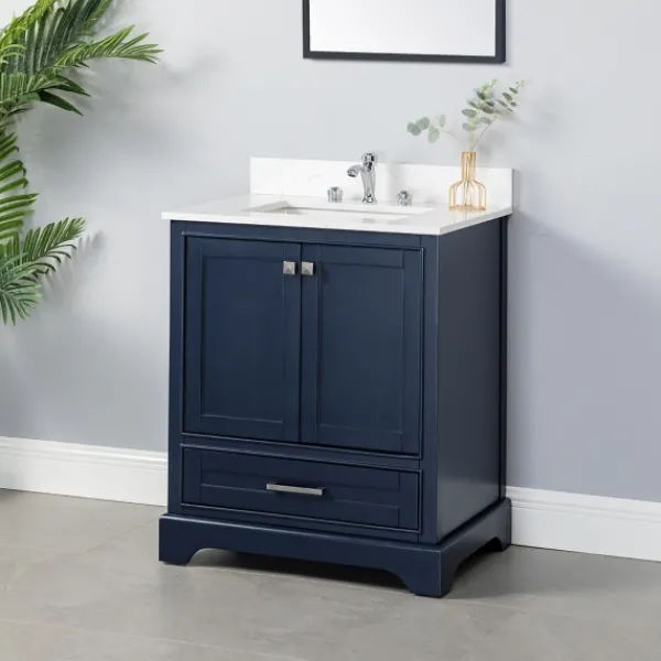 Bathroom Furniture-Kirkland's Home Florence Navy Wood Backsplash Sink Vanity Blue