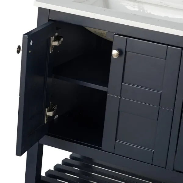 Bathroom Furniture-Kirkland's Home Foster Navy Wood Backsplash Sink Vanity Blue