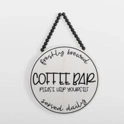 Wall Quotes & Signs-Kirkland's Home Freshly Brewed Coffee Round Beaded Wall Plaque White/Black