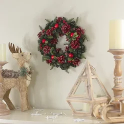Wreaths-Kirkland's Home Frosted Red Ornament And Pinecone Wreath Green/Red