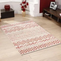 Outdoor Rugs-Kirkland's Home Geometric Stripe Sun Shower Outdoor Area Rug, 5X8 Red/Ivory