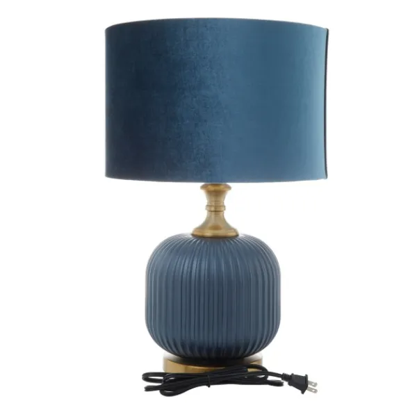 Table Lamps-Kirkland's Home Glass Base Round Velvet Shade Table Lamp Blue