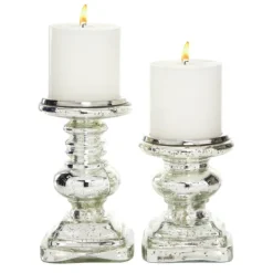 Candle Holders-Kirkland's Home Glass Ornate 2-Pc. Pillar Candle Holder Set Silver