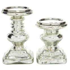 Candle Holders-Kirkland's Home Glass Ornate 2-Pc. Pillar Candle Holder Set Silver
