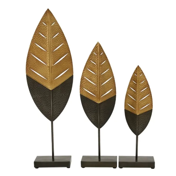 Statues & Figurines-Kirkland's Home Gold And Black Metal Leaf Statues, Set Of 3 Black/Gold