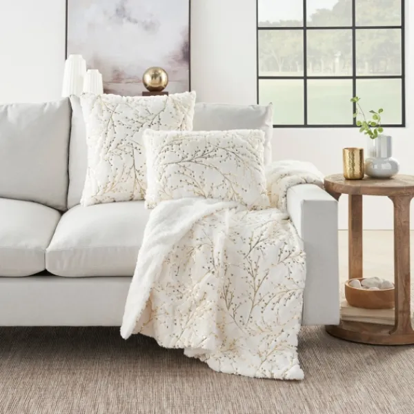 Pillows-Kirkland's Home Gold Branches Faux Fur Lumbar Pillow White/Gold