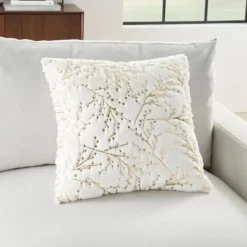 Pillows-Kirkland's Home Gold Branches Faux Fur Throw Pillow White/Gold