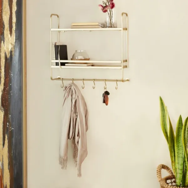 Wall Storage-Kirkland's Home Gold Iron Frame Wall Shelf With Hooks