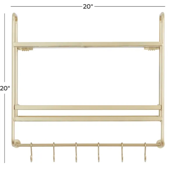 Wall Storage-Kirkland's Home Gold Iron Frame Wall Shelf With Hooks