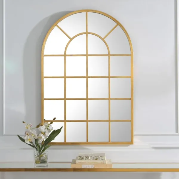 Decorative Mirrors-Kirkland's Home Gold Leaf Metal Windowpane Arch Frame Mirror