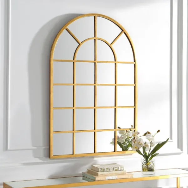 Decorative Mirrors-Kirkland's Home Gold Leaf Metal Windowpane Arch Frame Mirror