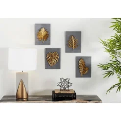 Wall Plaques-Kirkland's Home Gold Leaves Cement Wall Plaques, Set Of 4 Gold/Gray
