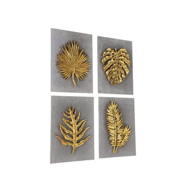 Wall Plaques-Kirkland's Home Gold Leaves Cement Wall Plaques, Set Of 4 Gold/Gray