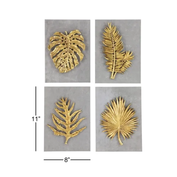 Wall Plaques-Kirkland's Home Gold Leaves Cement Wall Plaques, Set Of 4 Gold/Gray
