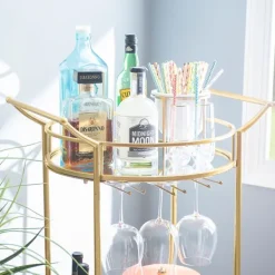 Kitchen Islands & Bar Carts-Kirkland's Home Gold Metal Frame Bar Cart With Mirrored Shelves