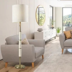 Floor Lamps-Kirkland's Home Gold Metal Trellis Accented Floor Lamp Gold/Ivory