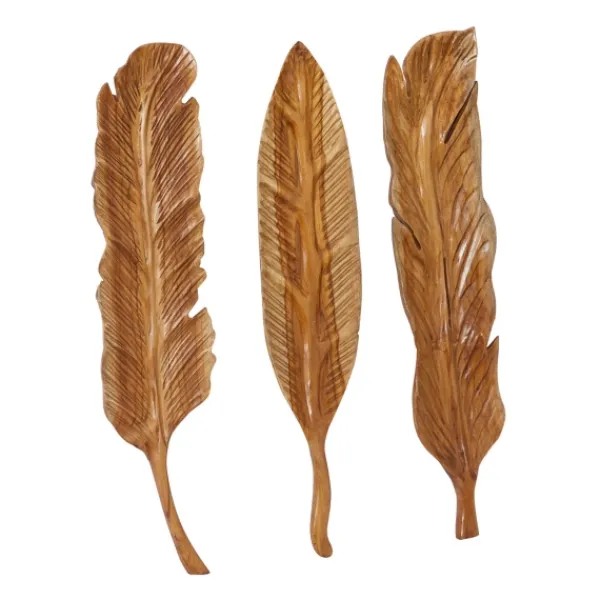 Wall Plaques-Kirkland's Home Gold Teak Carved Feather Wall Plaques, Set Of 3 Brown