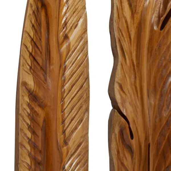 Wall Plaques-Kirkland's Home Gold Teak Carved Feather Wall Plaques, Set Of 3 Brown