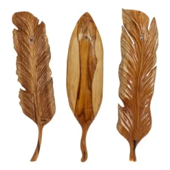 Wall Plaques-Kirkland's Home Gold Teak Carved Feather Wall Plaques, Set Of 3 Brown