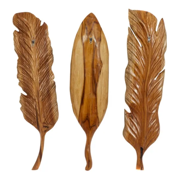 Wall Plaques-Kirkland's Home Gold Teak Carved Feather Wall Plaques, Set Of 3 Brown