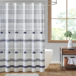 Shower Curtains-Kirkland's Home Gray And Navy Striped Fringe Shower Curtain Gray/Blue