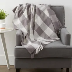 Blankets & Throws-Kirkland's Home Gray And White Buffalo Check Woven Fringe Throw Gray/White