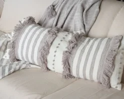 Pillows-Kirkland's Home Gray And White Striped Fringe Lumbar Pillow Gray/White