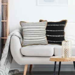 Pillows-Kirkland's Home Gray And White Stripped Jute Border Accent Pillow Gray/White/Tan
