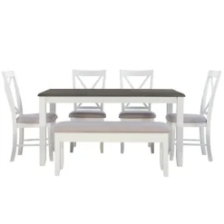 Dining Sets-Kirkland's Home Gray And White Upholstered Wood 6-Pc. Dining Set Gray/White