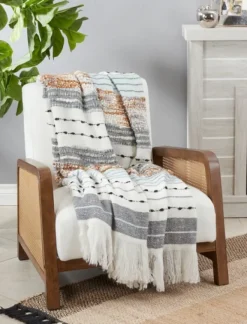 Blankets & Throws-Kirkland's Home Gray Blue Multi Stripe Throw Blanket White