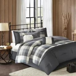 Comforters-Kirkland's Home Gray Buffalo Check King 7-Pc. Comforter Set Gray/White