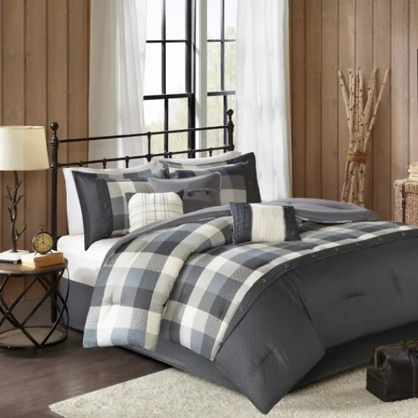 Comforters-Kirkland's Home Gray Buffalo Check King 7-Pc. Comforter Set Gray/White