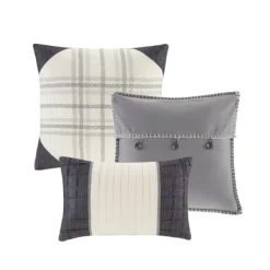 Comforters-Kirkland's Home Gray Buffalo Herringbone Queen 7-Pc. Comforter Set Gray/White/Blue