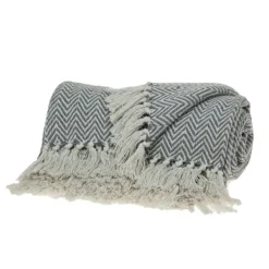 Blankets & Throws-Kirkland's Home Gray Chevron Cotton Handloomed Tassel Throw Gray/White