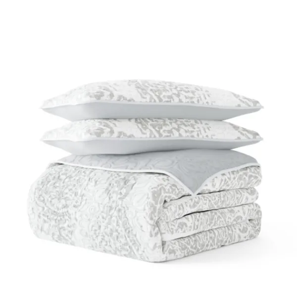 Quilts-Kirkland's Home Gray Damask Reversible 3-Pc. Queen Quilt Set Gray/White