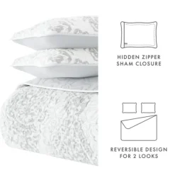 Quilts-Kirkland's Home Gray Damask Reversible 3-Pc. Queen Quilt Set Gray/White