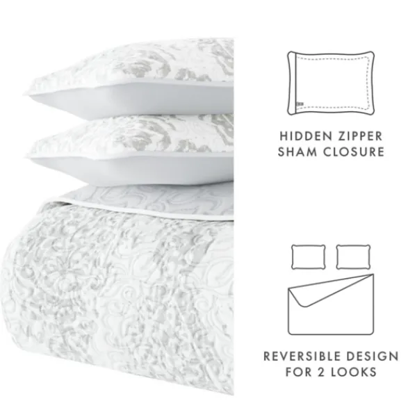 Quilts-Kirkland's Home Gray Damask Reversible 3-Pc. Queen Quilt Set Gray/White