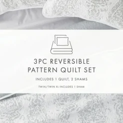 Quilts-Kirkland's Home Gray Damask Reversible 3-Pc. King Quilt Set Gray/White