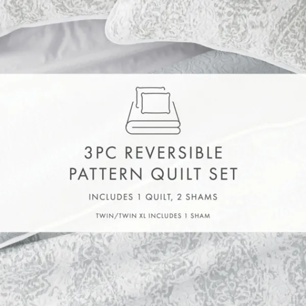 Quilts-Kirkland's Home Gray Damask Reversible 3-Pc. King Quilt Set Gray/White