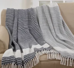 Blankets & Throws-Kirkland's Home Gray Diamond Weave Throw With Tassels Gray/White