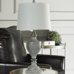 Table Lamps-Kirkland's Home Gray Faux Wood And Silver Table Lamp White