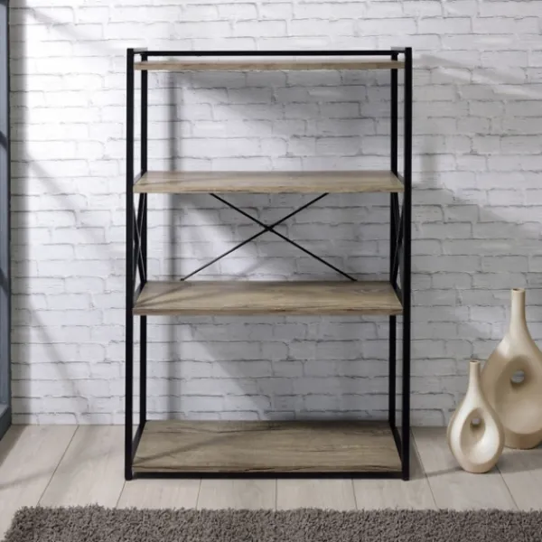 Bookshelves-Kirkland's Home Gray Finish X Frame Open Shelf Bookcase